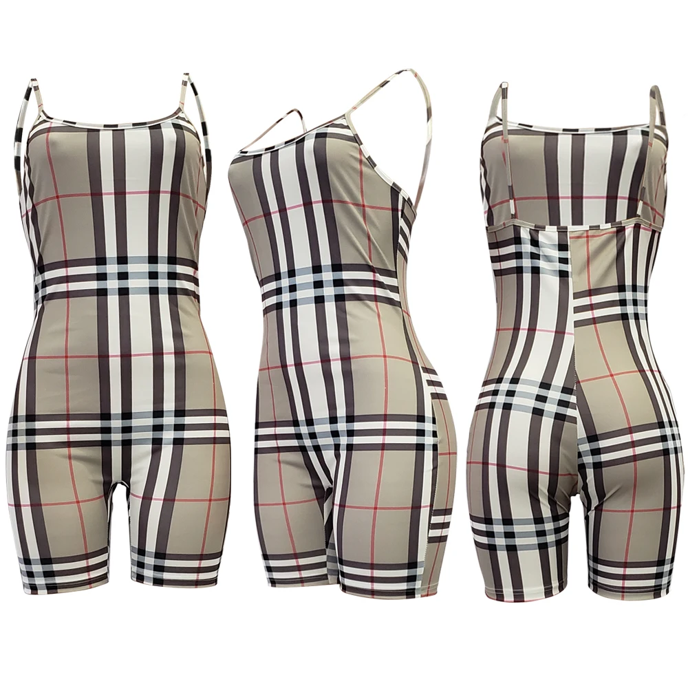 ILS024 2019 New summer women plaid casual suspenders one piece jumpsuit