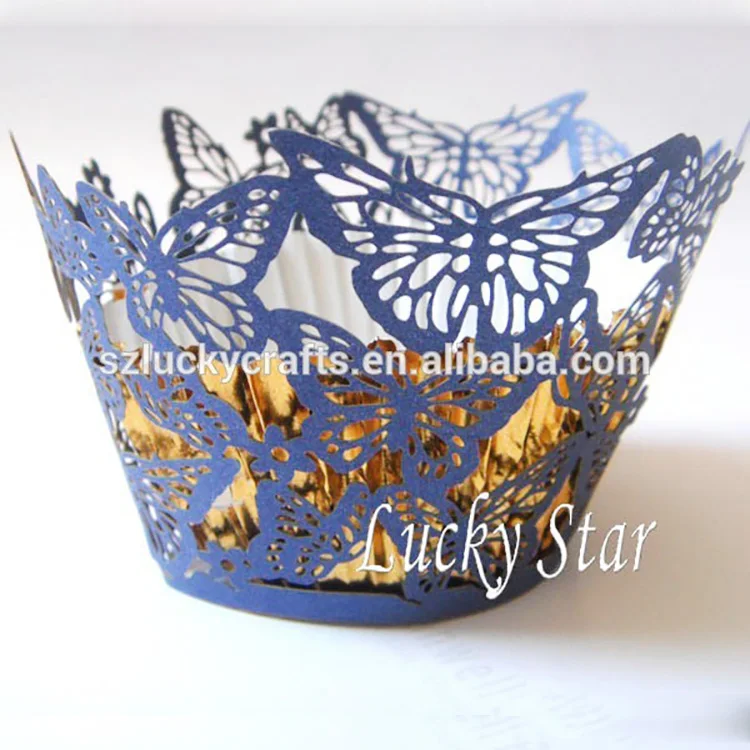 Navy Blue Butterfly Laser Cut Pearl Paper Cake Cup Cupcake Wrapper For