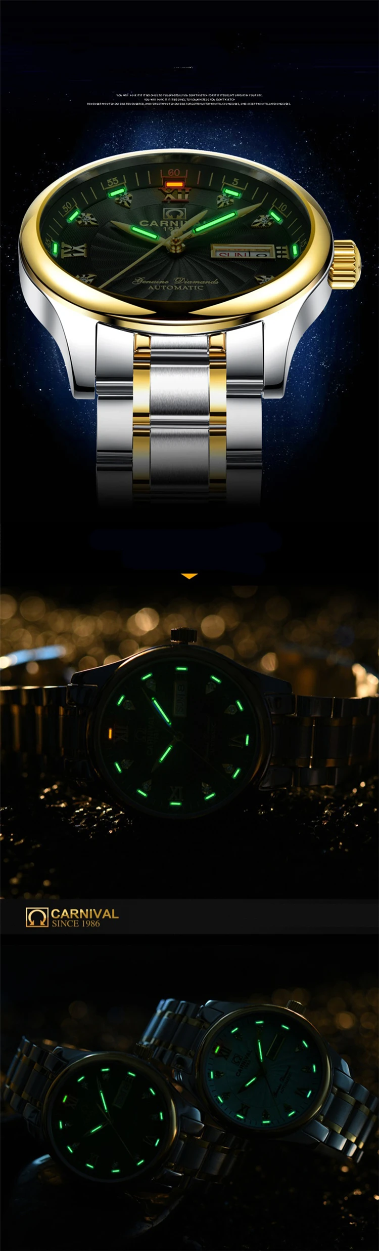 CARNIVAL 501G T25 Self-luminous tritium gas Men Gold Watch Automatic Mechanical Luminous Clock Steel Luxury Brand Business Watch