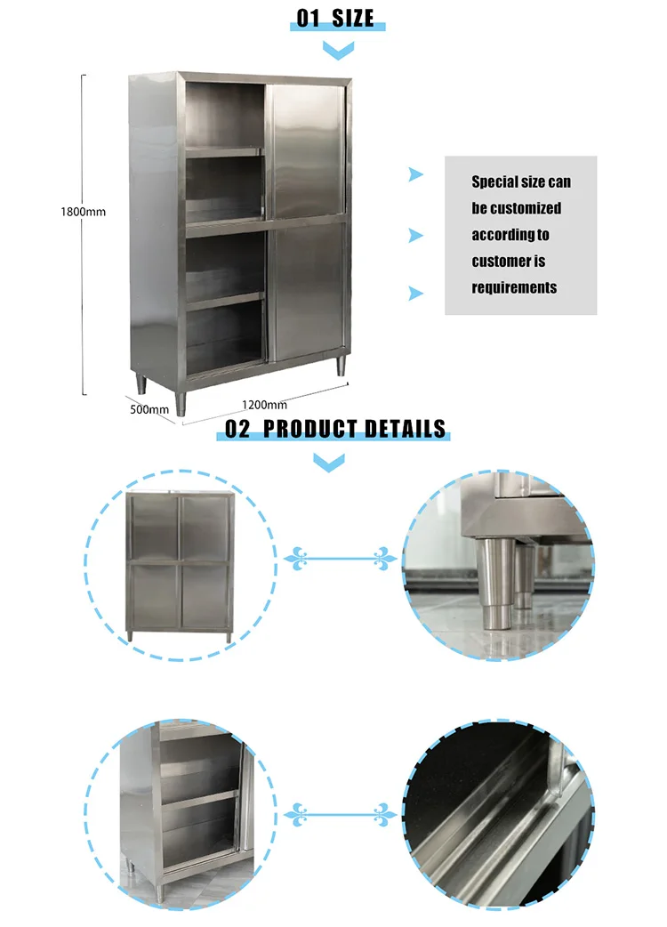 Commercial stainless steel 201 / 304 Sliding door restaurant kitchen cabinet for adjustable feet