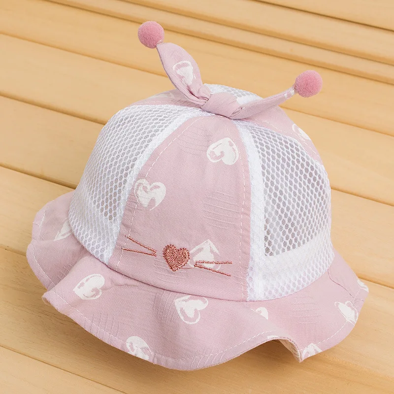 优质夏季可爱网帽心猫宝宝帽子遮阳帽宝宝夏季帽子新生婴儿帽子