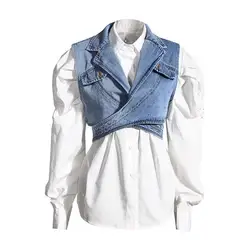 Oudina Fashion Hot Sale Two Piece Sets Shirts Blouses And Tops Irregular Denim Vest Puff Sleeve Shirt Loose Blouse Women