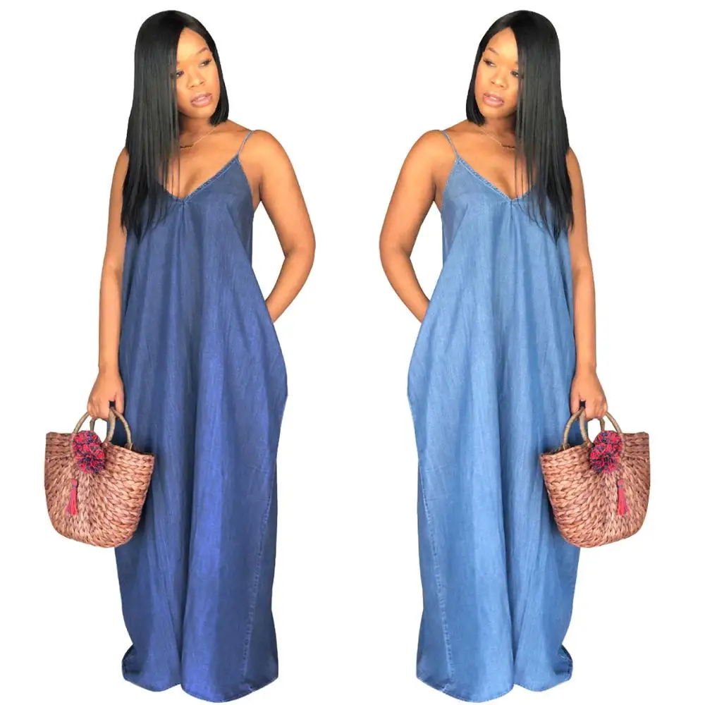 

Summer casual solid loose off shoulder maxi dresses long women denim dress