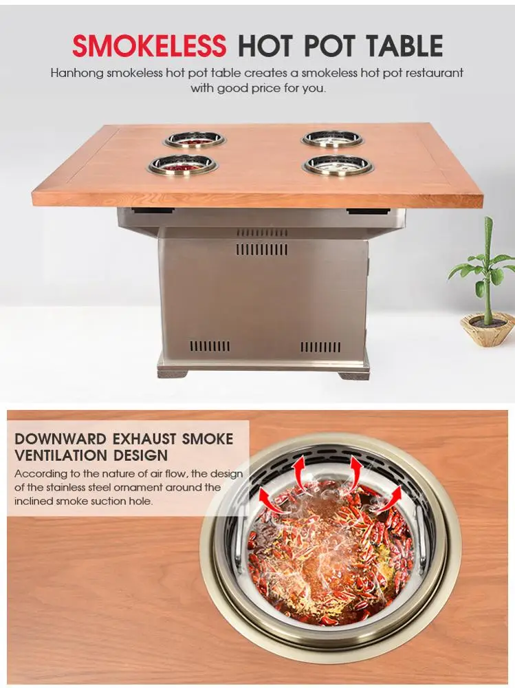 Commercial Korean Wood Square Electric Single Hot Pot Dining Hotpot Table Restaurant Smokeless