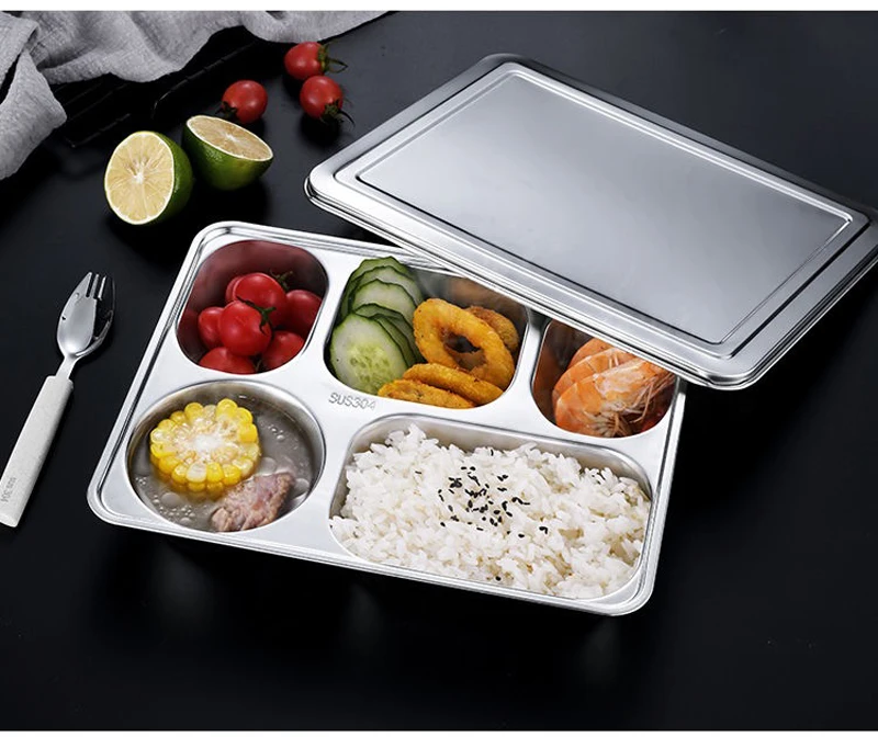 环保食品容器儿童午餐盒金属不锈钢5隔间学校食品午餐便当盒带盖