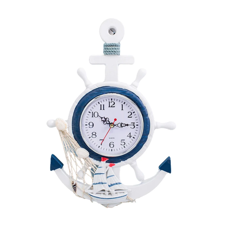 High Quality Resin Mediterranean Style Anchor Clock Beach Sea Theme Nautical Ship Wheel Rudder Steering Wheel Decoration