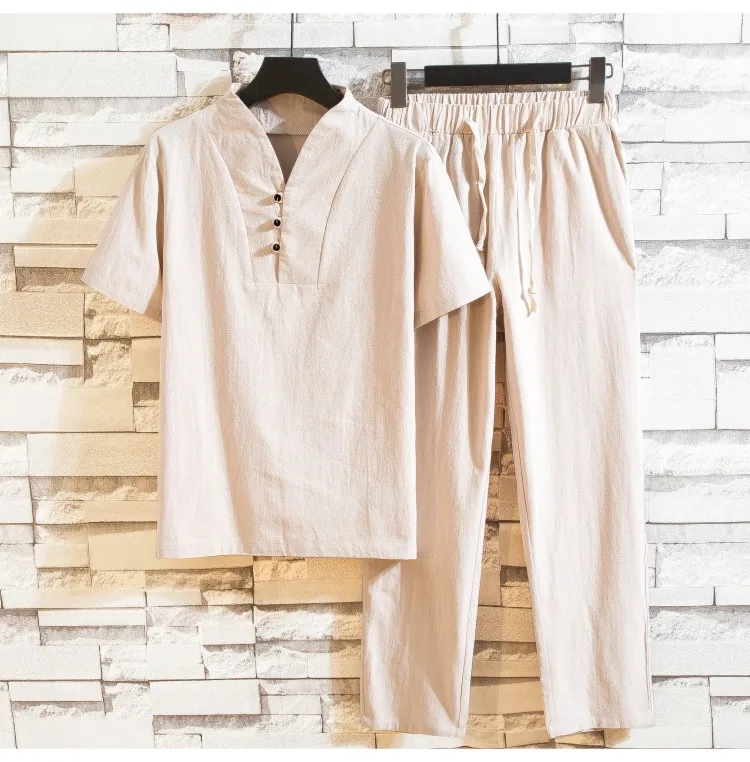 Wholesale Cotton Linen Suit Combination Shirt + Trousers Men's Shirts - Buy Trousers Men,Men 