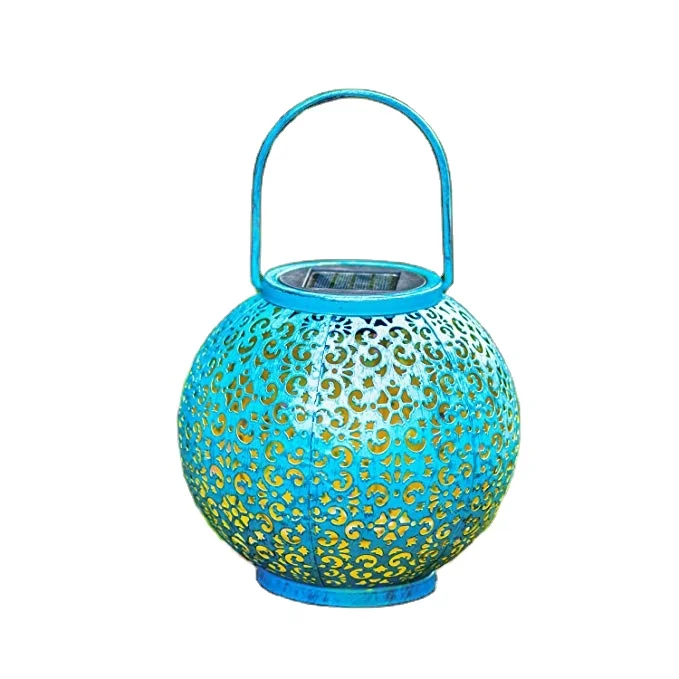 Hot sale solar blue lantern outdoor garden hanging round metal pattern shadow light decorative light