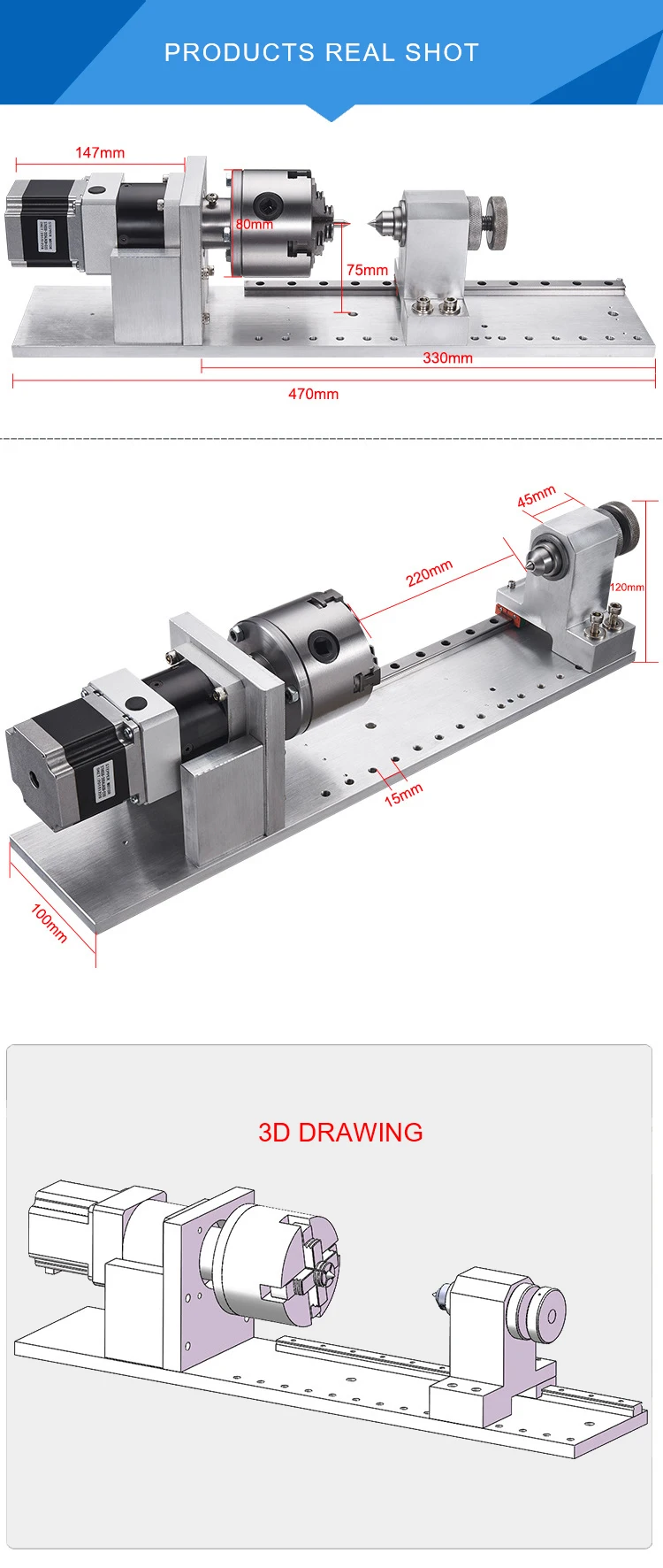 CNC engraving machine 4th axis 80mm 3 jaw chuck cnc router fourth rotary with planetary gearbox