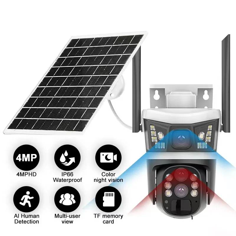 V380Pro Outdoor Solar Less Energy Cost 4MP HD Camera 3Lenses 10X Zoom 360 Night Vision Smart Detection Multi-function Cameras
