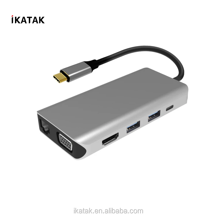 All in One Type C Hub 4K HDMI VGA Gigabit Ethernet PD Charging USB3.0 Multiple USB C Hub