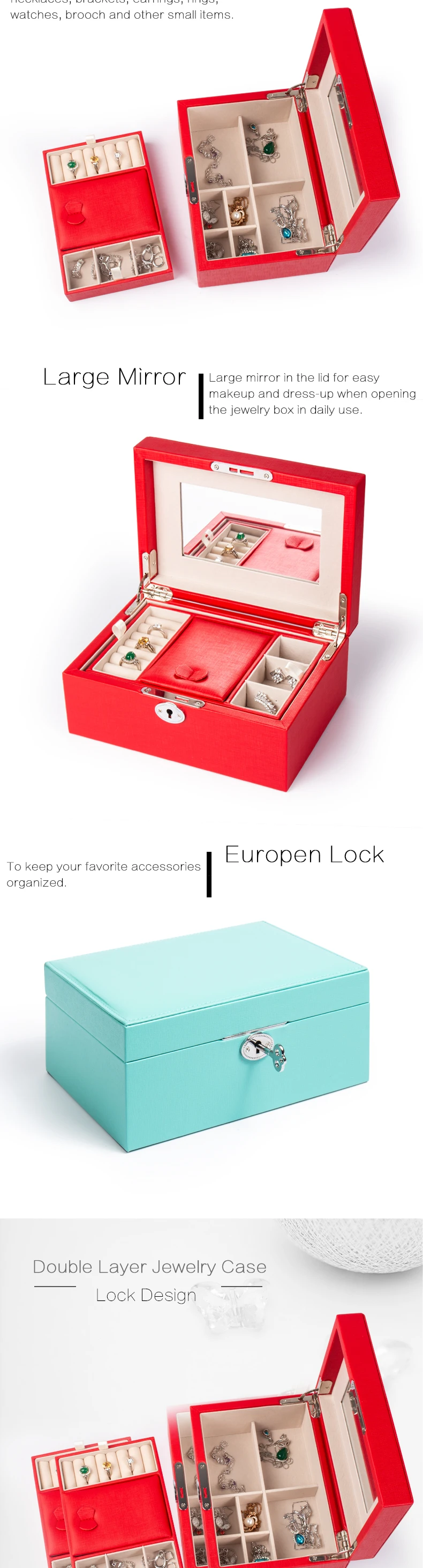 High quality  Women Jewelry box  organizer   custom leather Jewel case with mirror