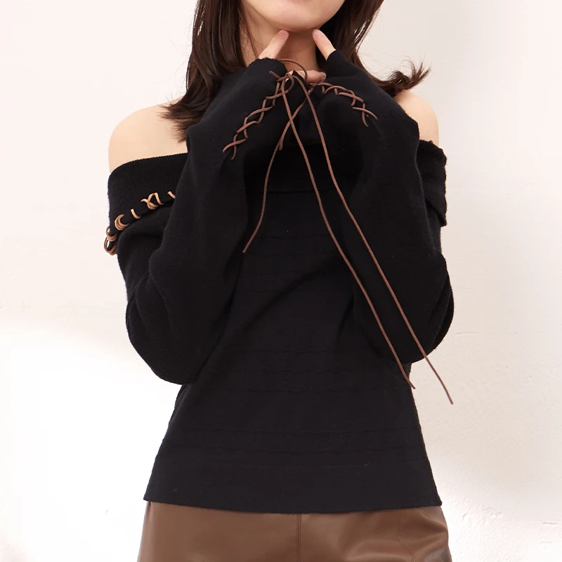 
New Style 12GG Off Shoulder Woman Bind Sleeve Knit Pullover Sweater Manufacturer Fashion Sexy Sweater For Girls 