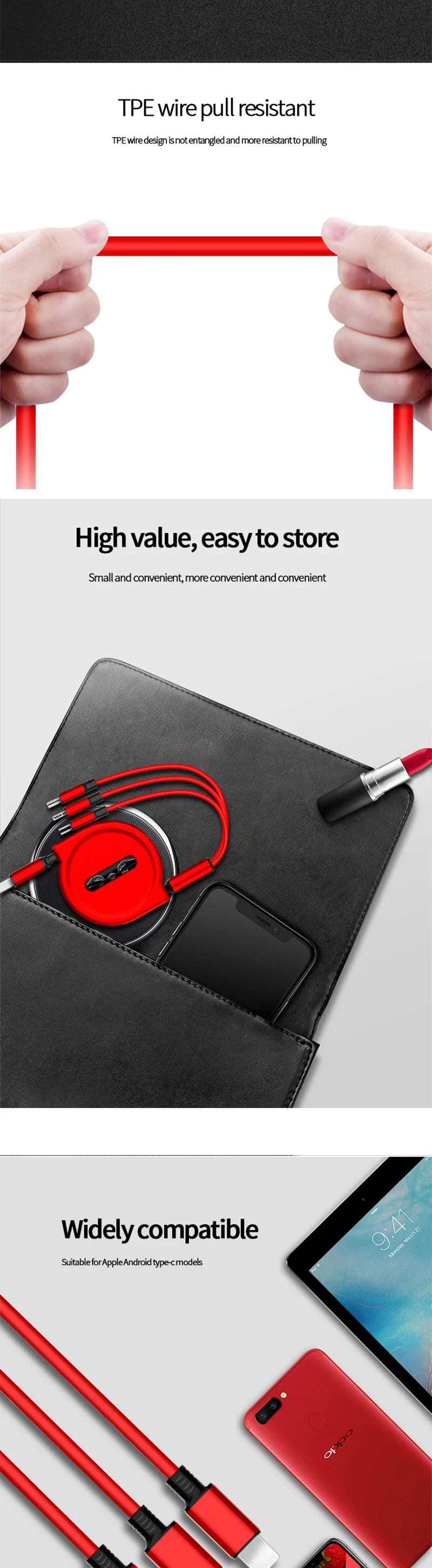 Eonline 2.5A 120cm 3 In 1 USB Charge Cable for Phone USB & USB C Cable Retractable Portable Charging Cable For X 8 Samsung S9