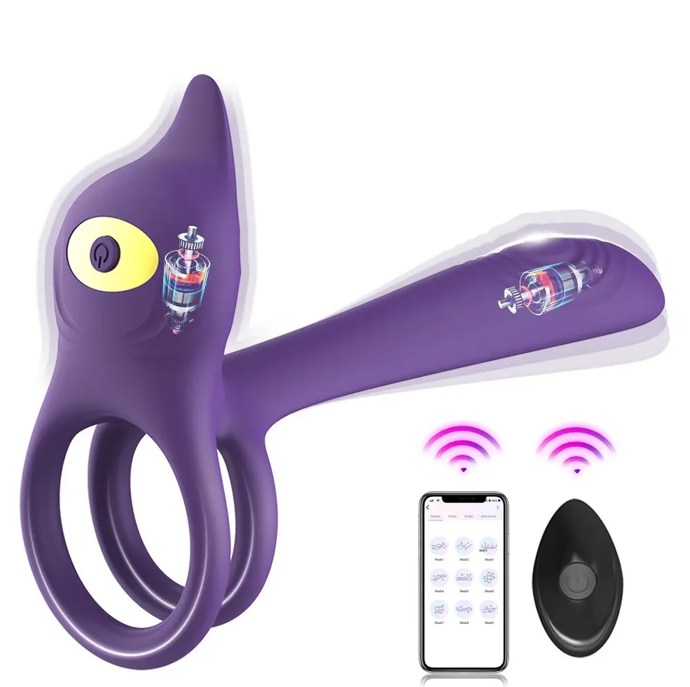 Black and purple silicone vibrating cock ring with app control