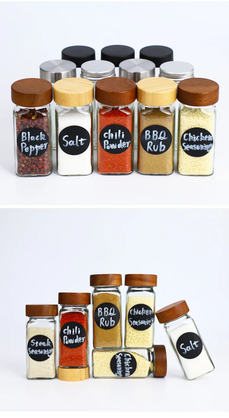 product glass spice jar 120ml bamboo and wood lid seasoning bottles 4oz square vanilla spice jars set-7