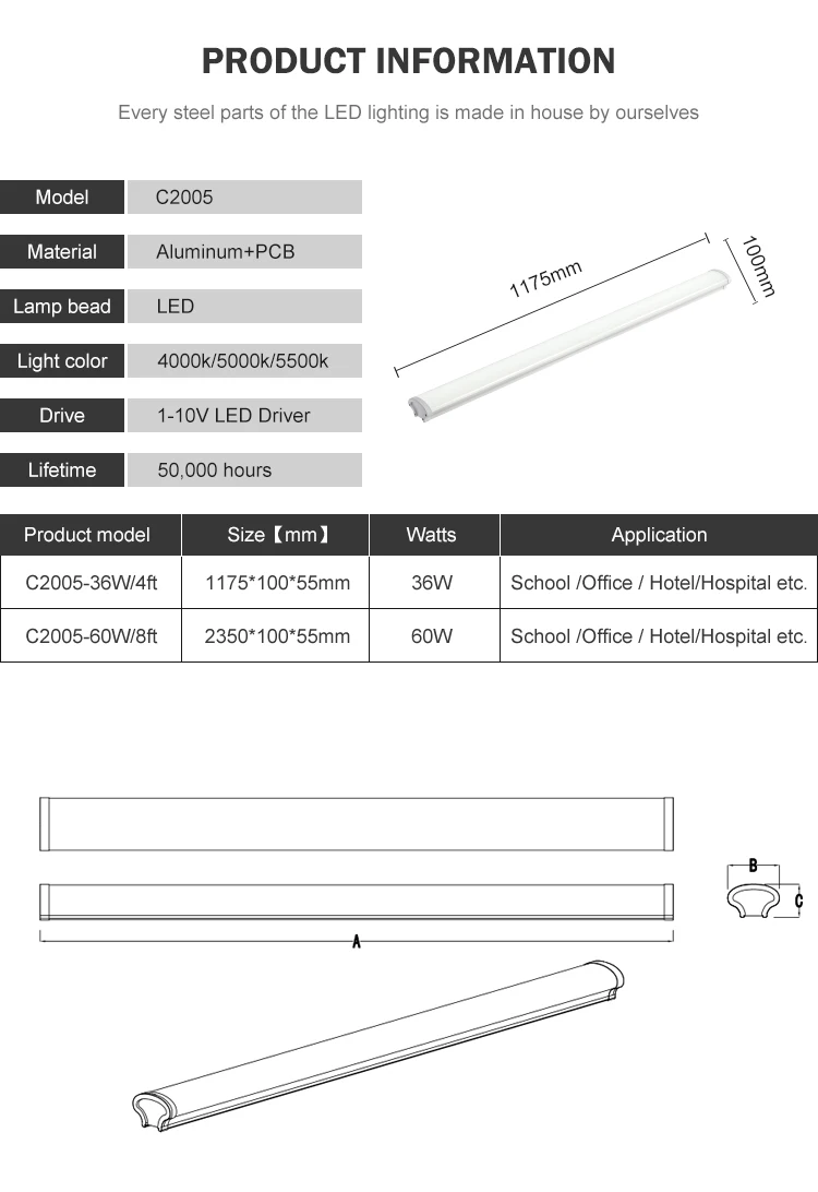 Quality supplier school corridor waterproof ip65 4ft 36w 8ft 60w slim linear led batten strip light