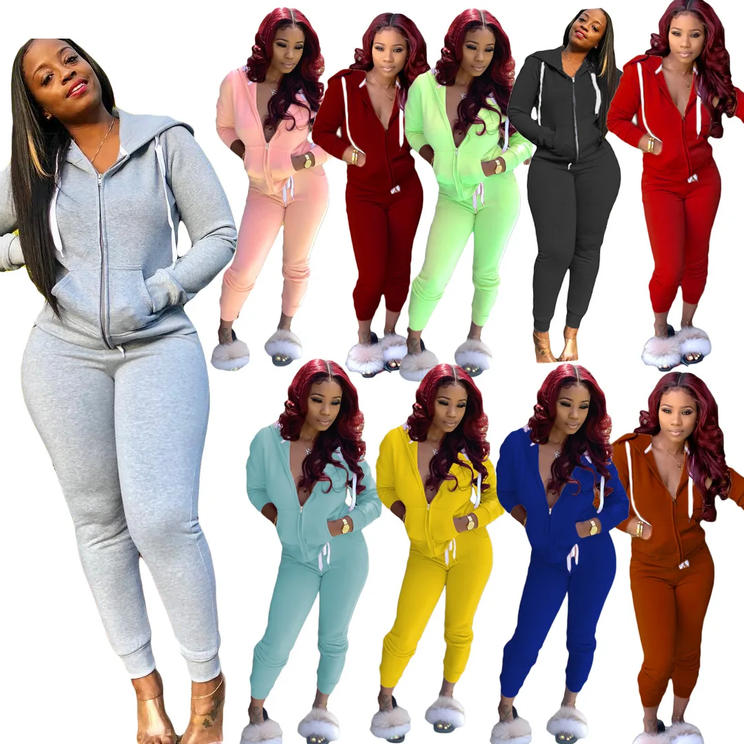 
New Arrival Custom Ladies Solid Color Hoodie Long Sleeve Sets Suits Two Piece Fitness Track Suit Women Sweatsuit Set 