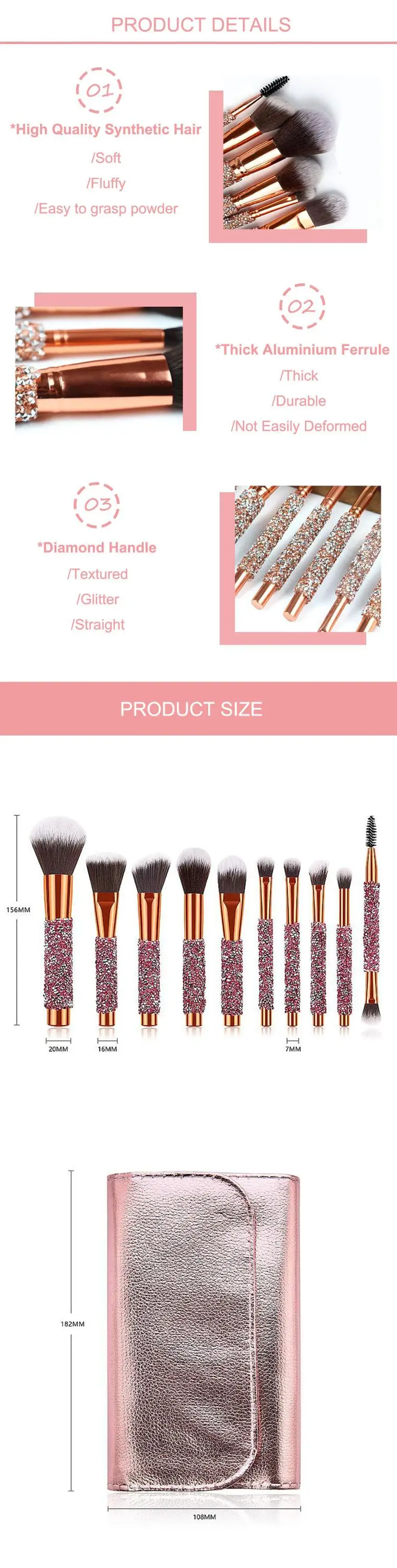 jewel rosegold face hair piece magnet beauty glam 12pcs sparkling brass ferrule handle wholesale synthetic crystal makeup brush