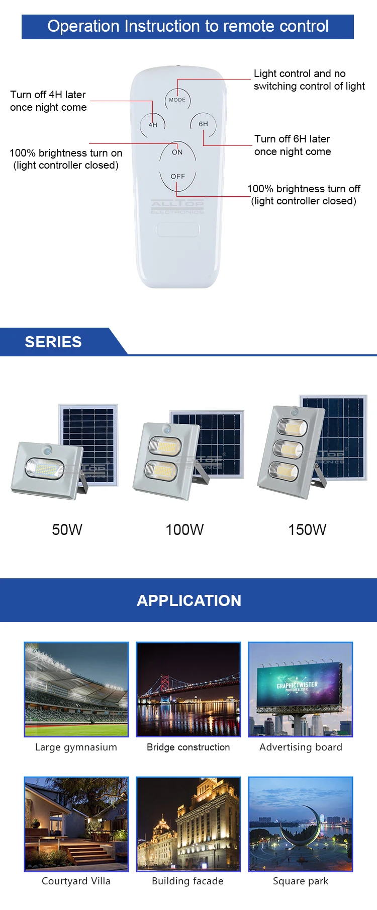 ALLTOP High quality outdoor lighting waterproof IP65 smd 50w 100w 150w solar led flood light