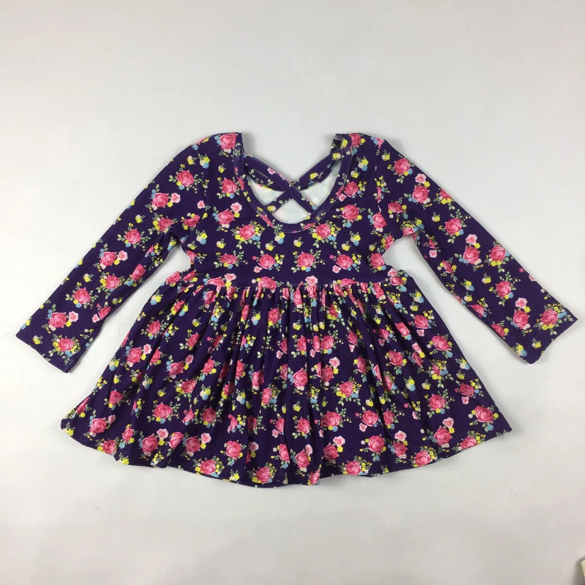 批发定制学步衣服漂亮花朵印花连衣裙长袖秋冬女婴连衣裙14岁女孩性感