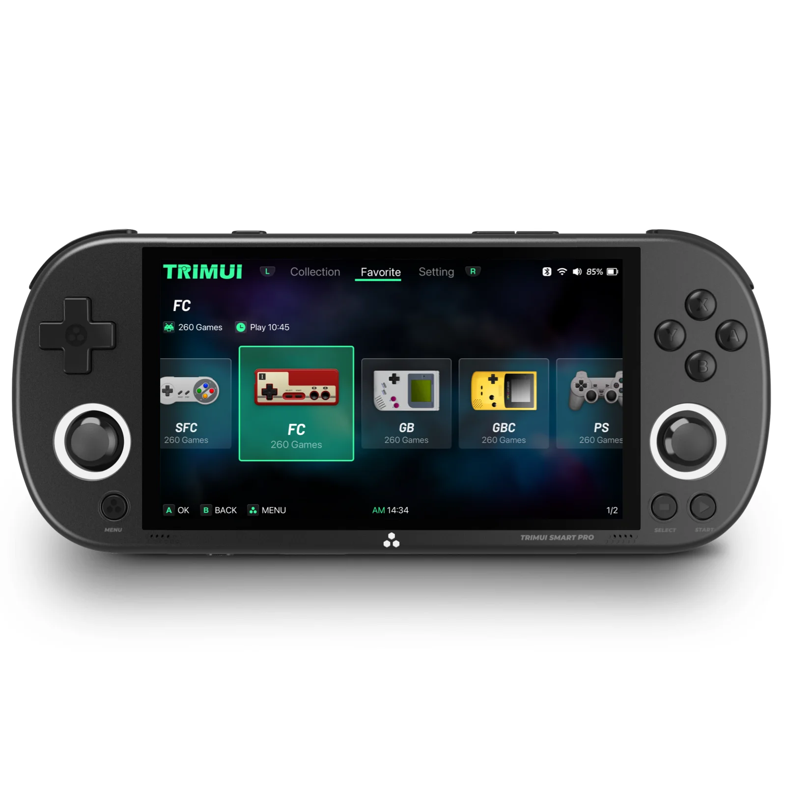 RG556 Android handheld showing PS2 game running on OLED screen