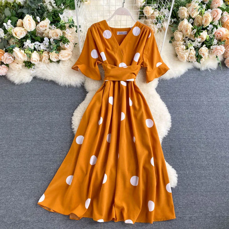 Women Floral Dress 2022 Summer bohemian v neck short sleeves temperament  Polka Dot Sundress long dresses| Alibaba.com