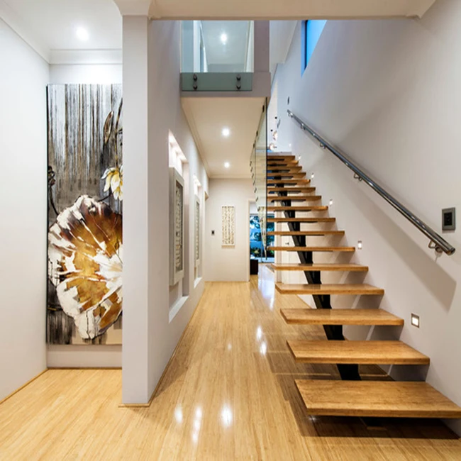 Prefab floating staircase modern carbon steel mono beam beech/oak wood tread stairs indoor/staircase design for houses manufacture