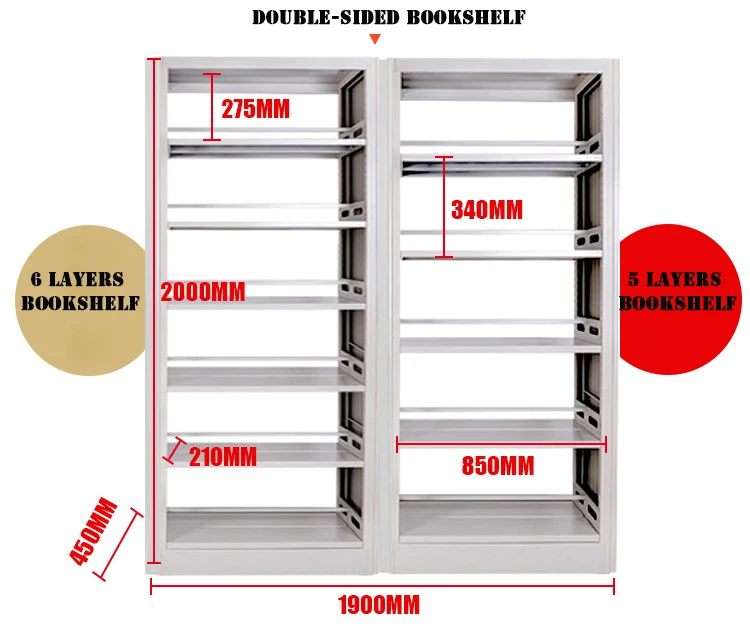 School public double-faced library shelves with plate layers in adjustable height