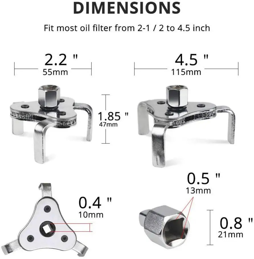 Universal 21/2 Inch To 4.5 Inch Oil Filter Wrench Tool Set 3 Jaw Oil