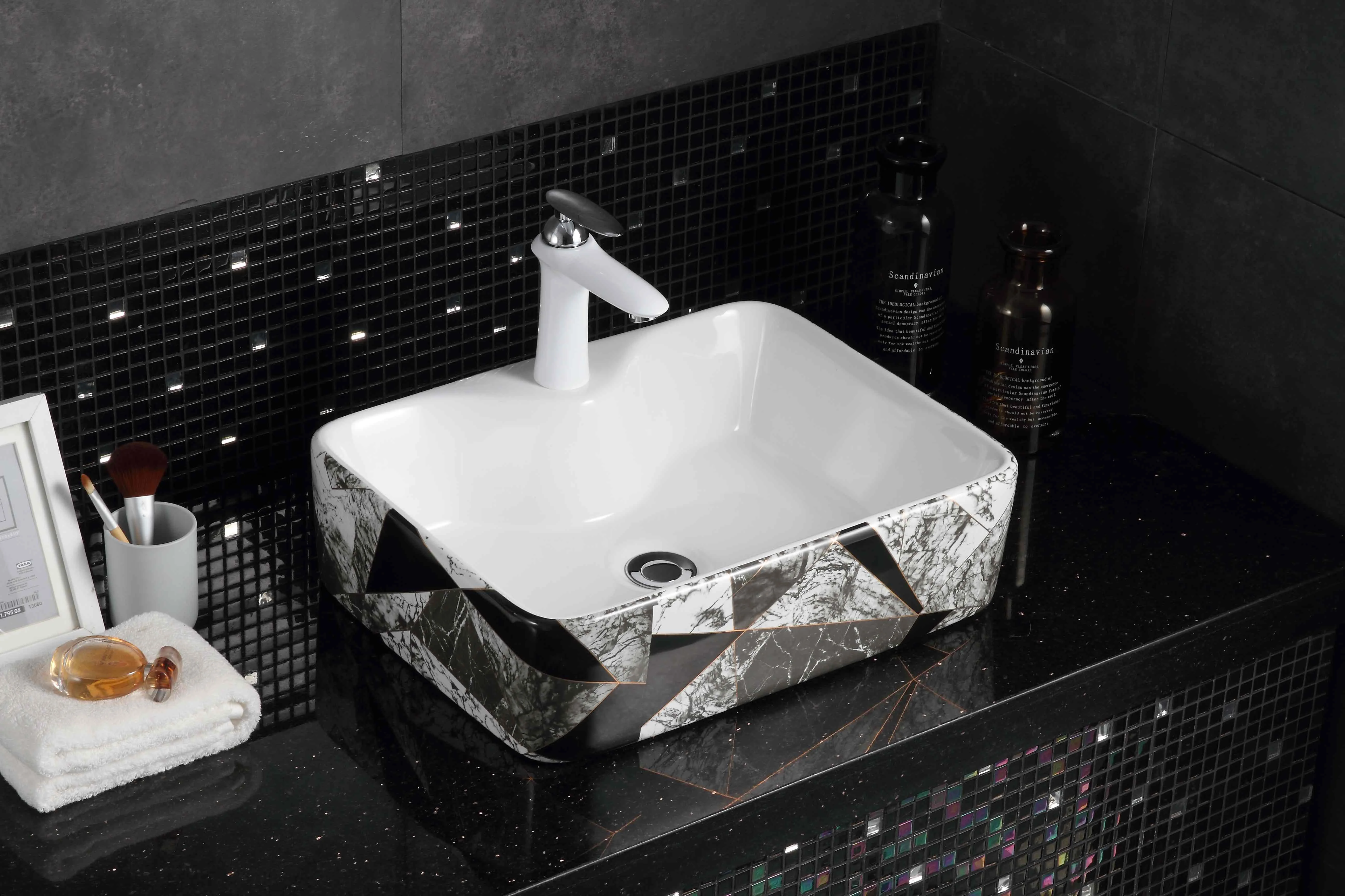 High quality wholesale modern fashion ceramic bathroom sink black water drop pattern  art basin