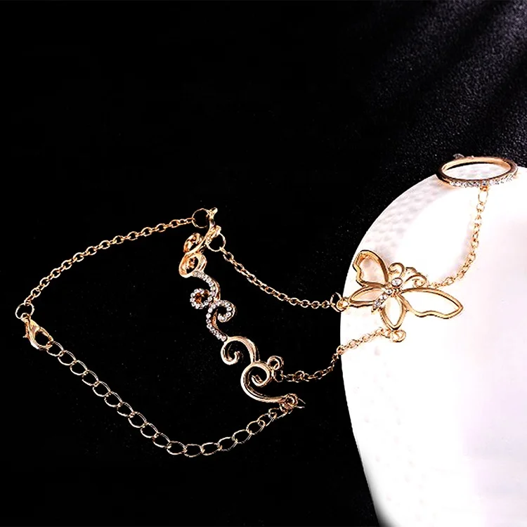 Custom hollow butterfly gold bracelets with ring attached