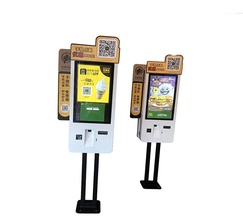 Standing kiosk with QR code reader in restaurant  with internet interface