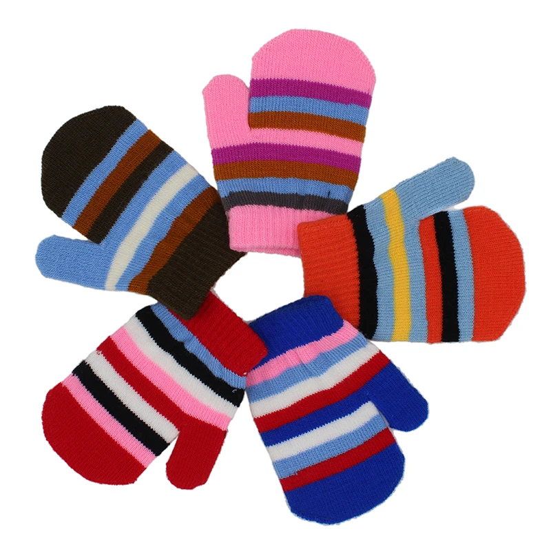 Fashion Kids Cheap Mittens Colorful Stripe Warm Gloves Children Knit