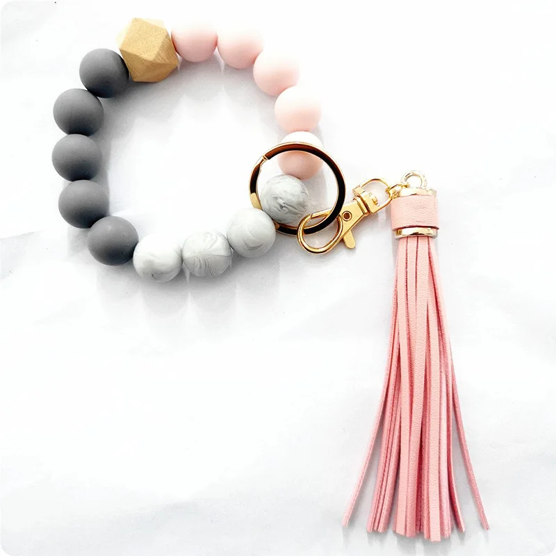 Ft275 Women Silicone Key Ring Bracelet Keychain Wristlet Silicone Bead