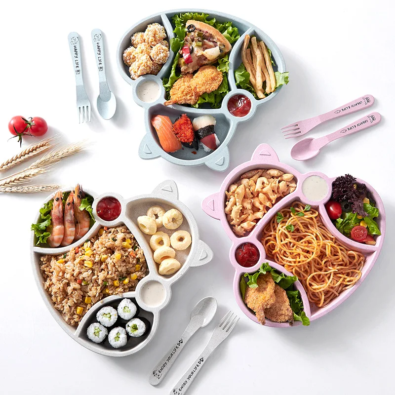 Taza PLATO de la Cena Desayuno Eco De Bambú Niños Set 5 piezas PLACA BOWL Cubiertos-Rosa
