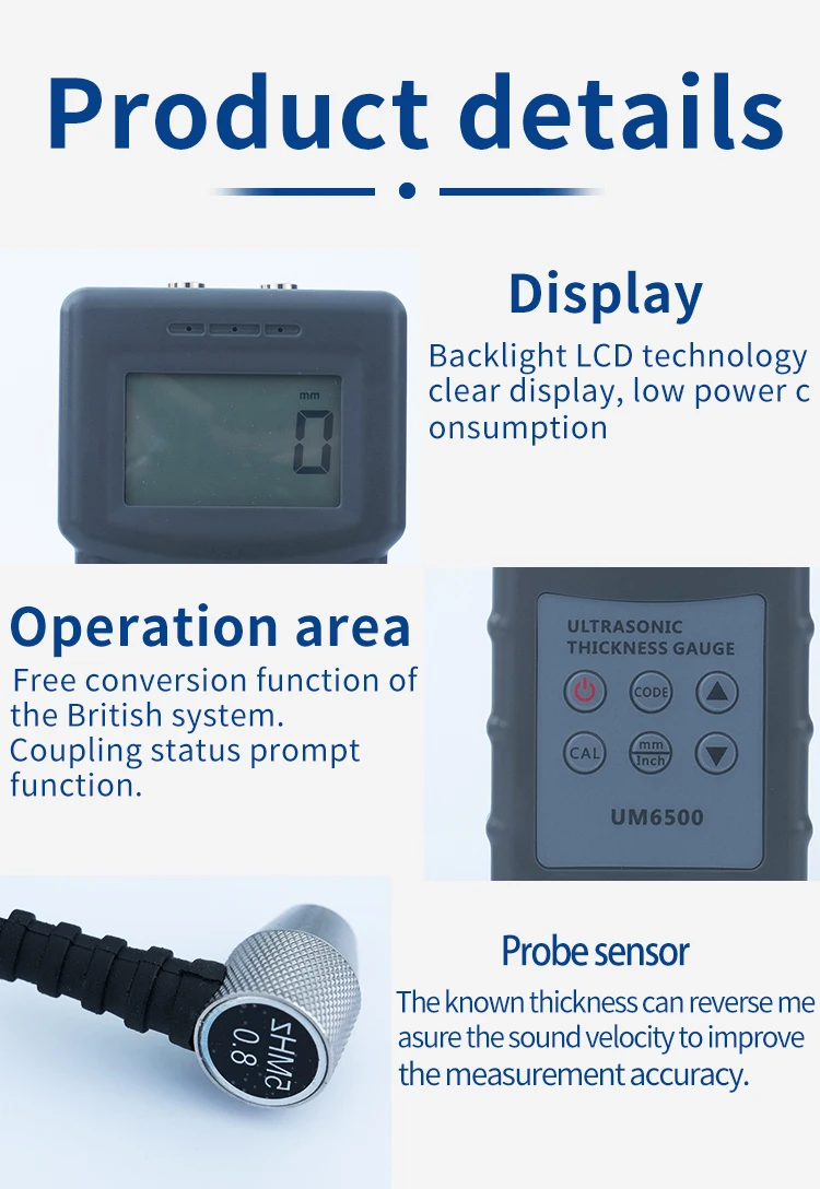 UM6500 Digital Ultrasonic Thickness Gauge Economical Low-Cost Device for Steel Material Measurements LCD Display Battery Powered