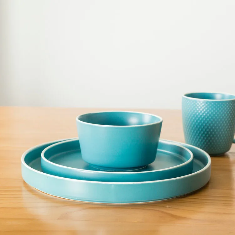Bulk cheap prices deep blue restaurant stoneware porcelain dinnerware set with white rim