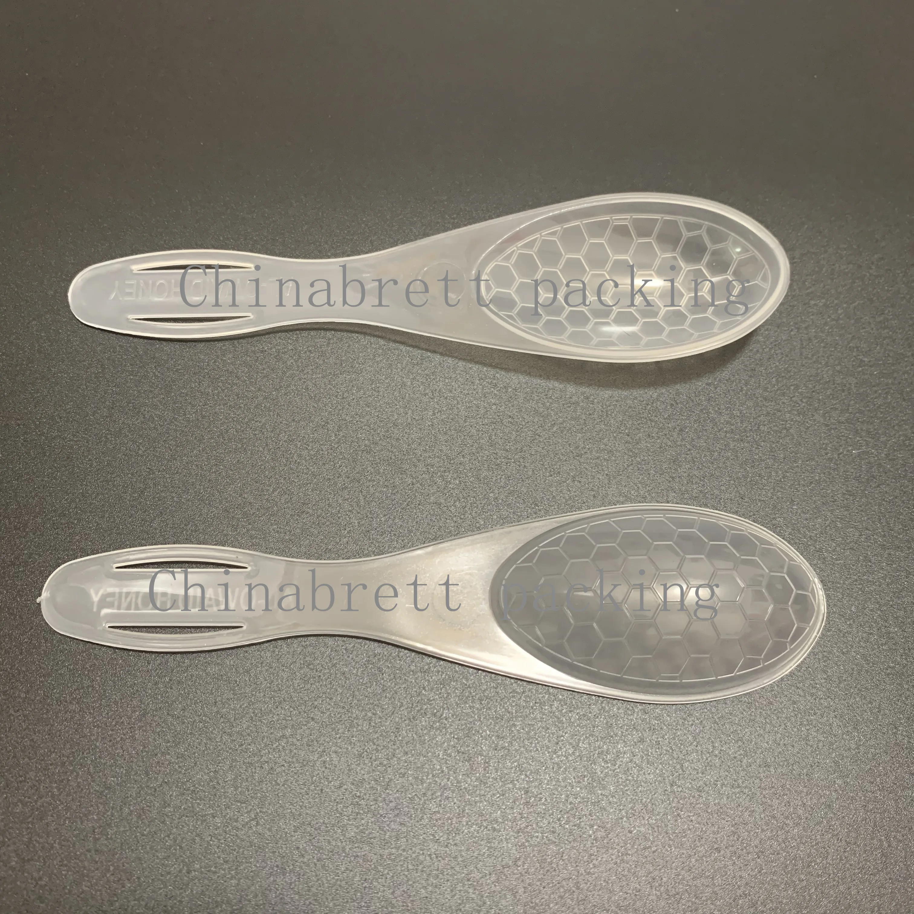 Eco friendly Plastic cup transparent 10g big honey spoon with foil film bags