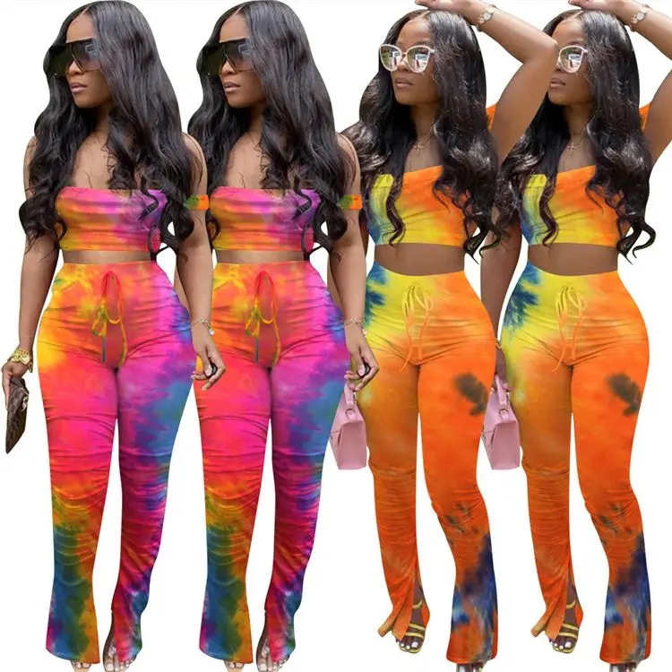 

W7238 shorts women 2020 multicolor gradient Crop Top two piece set
