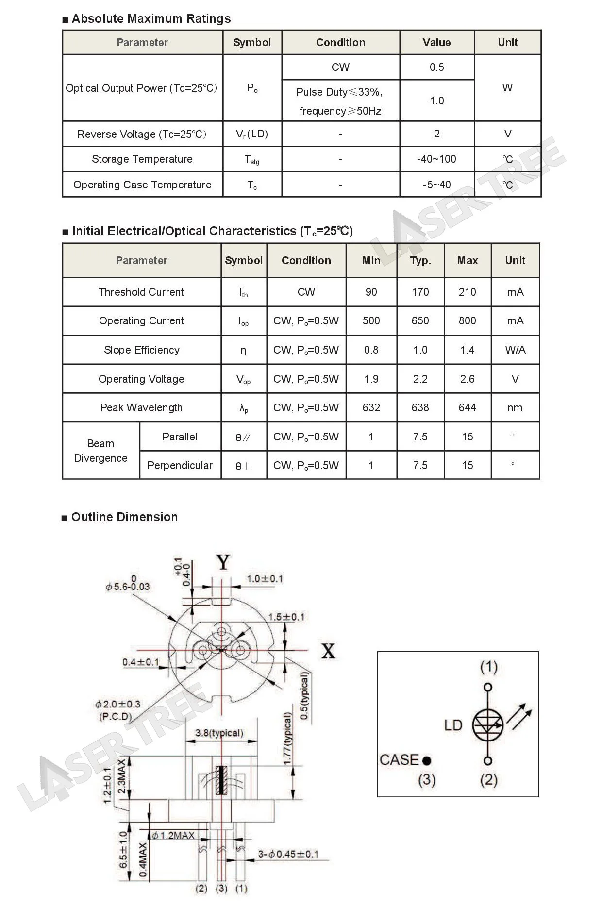 Lasertree LT-LD-638-500M-FS 638nm High Power Red Laser Diode