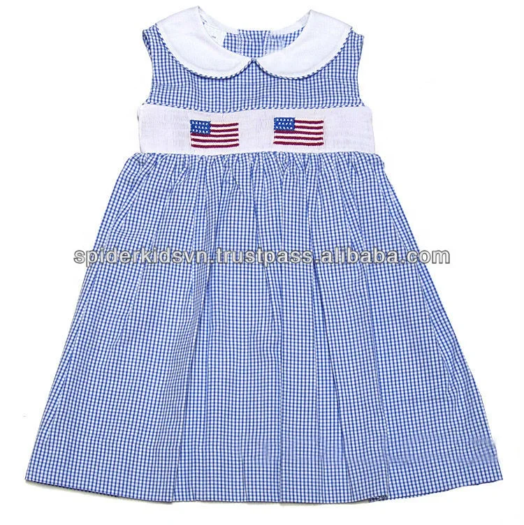 
Patriotic Flags Smocked Royal Blue Gingham Dress 