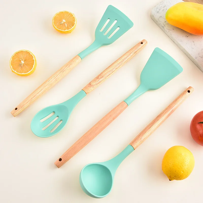 product non stick silicone kitchenware set wooden handle cross border cooking spoon shovel storage tube direct utensils-2