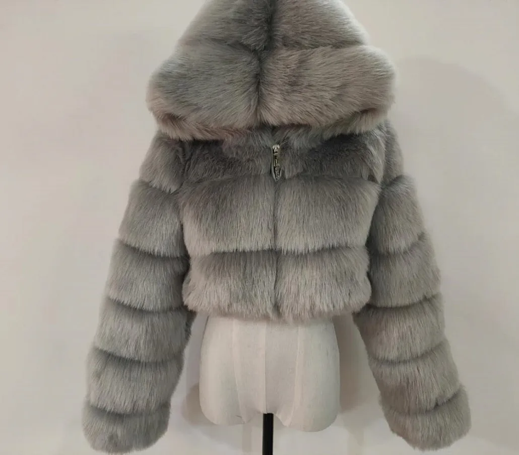 2021 Womens Winter Thick Faux Fur Hooded Coat Fall Cropped Bubble Coats ...