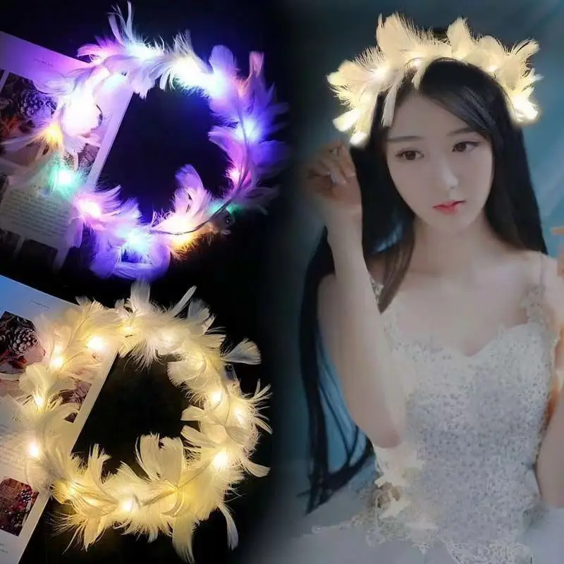 Ts New Luminous Garland Angel Feather Headdress Colorful Led Headband ...