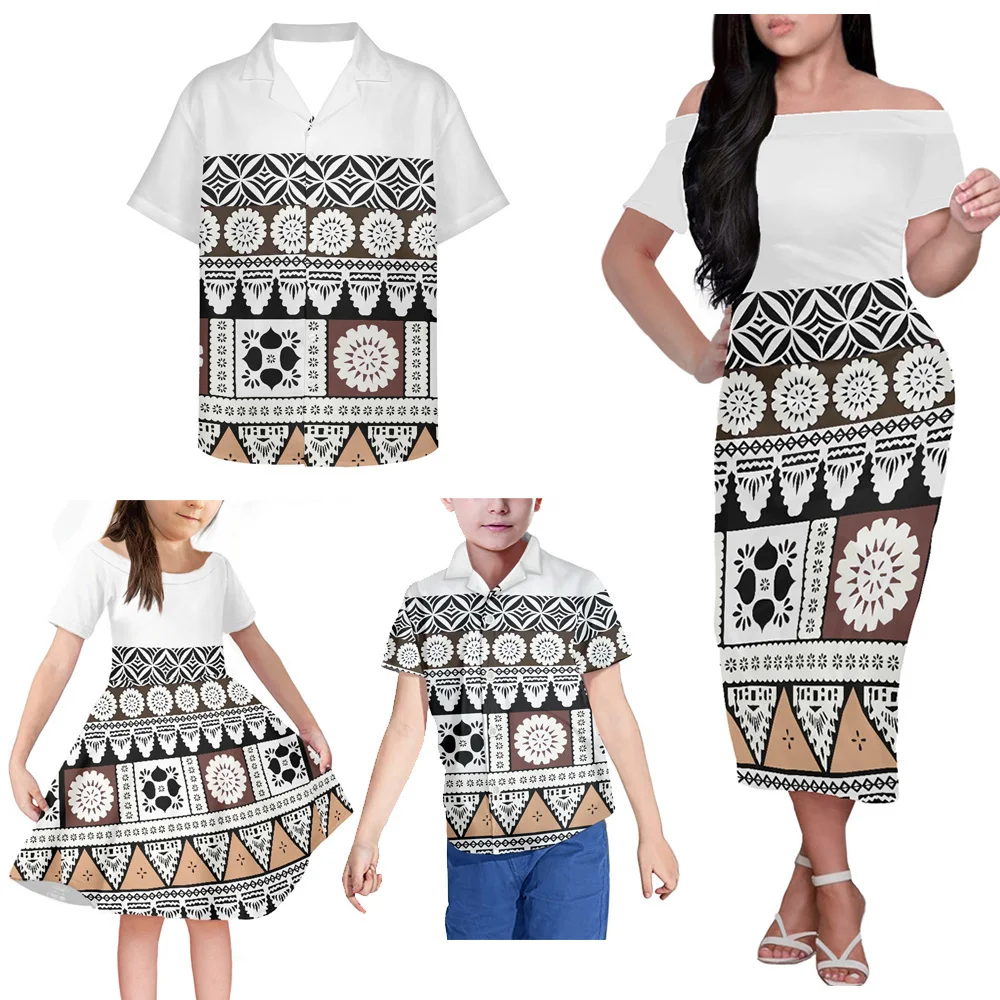 Exquisite Fiji Tapa Design Dress Women Off Shoulder Adult Children s Clothing 4 piece Sets Family Set Plus size dresses