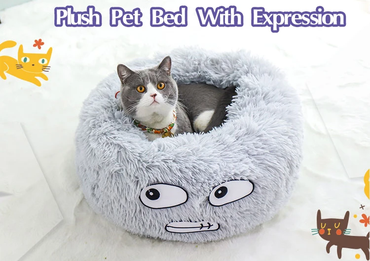 Wholesale Velvet Cute Cozy Round Puppy Cat Cave Bed Donut Pet Cat Sofa Bed with Expression