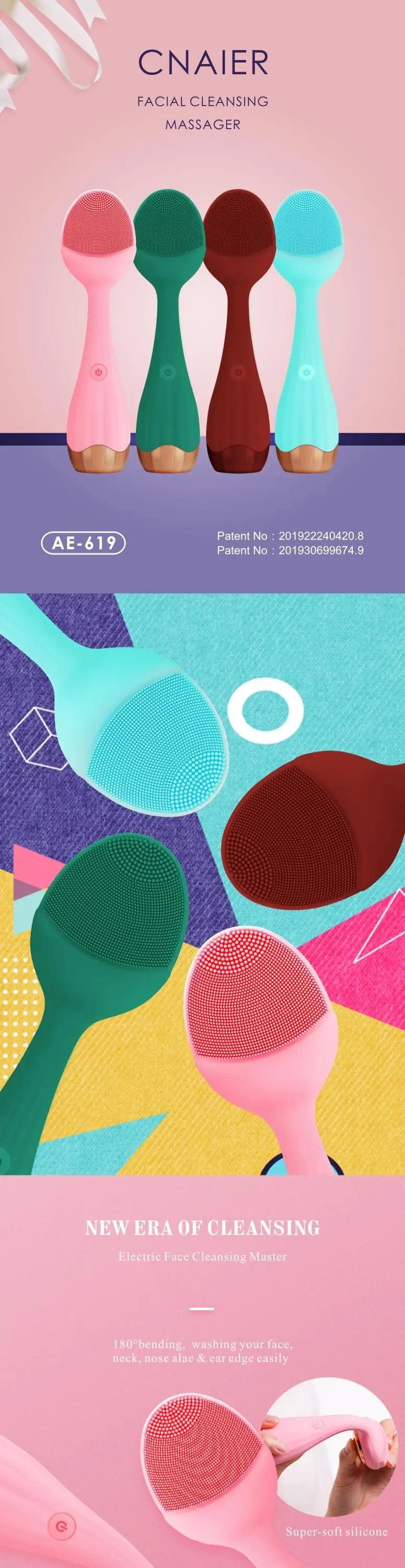 2020 New Arrival Portable Waterproof Silicone Facial Cleansing Brush Electric Face Massager Anti-aging