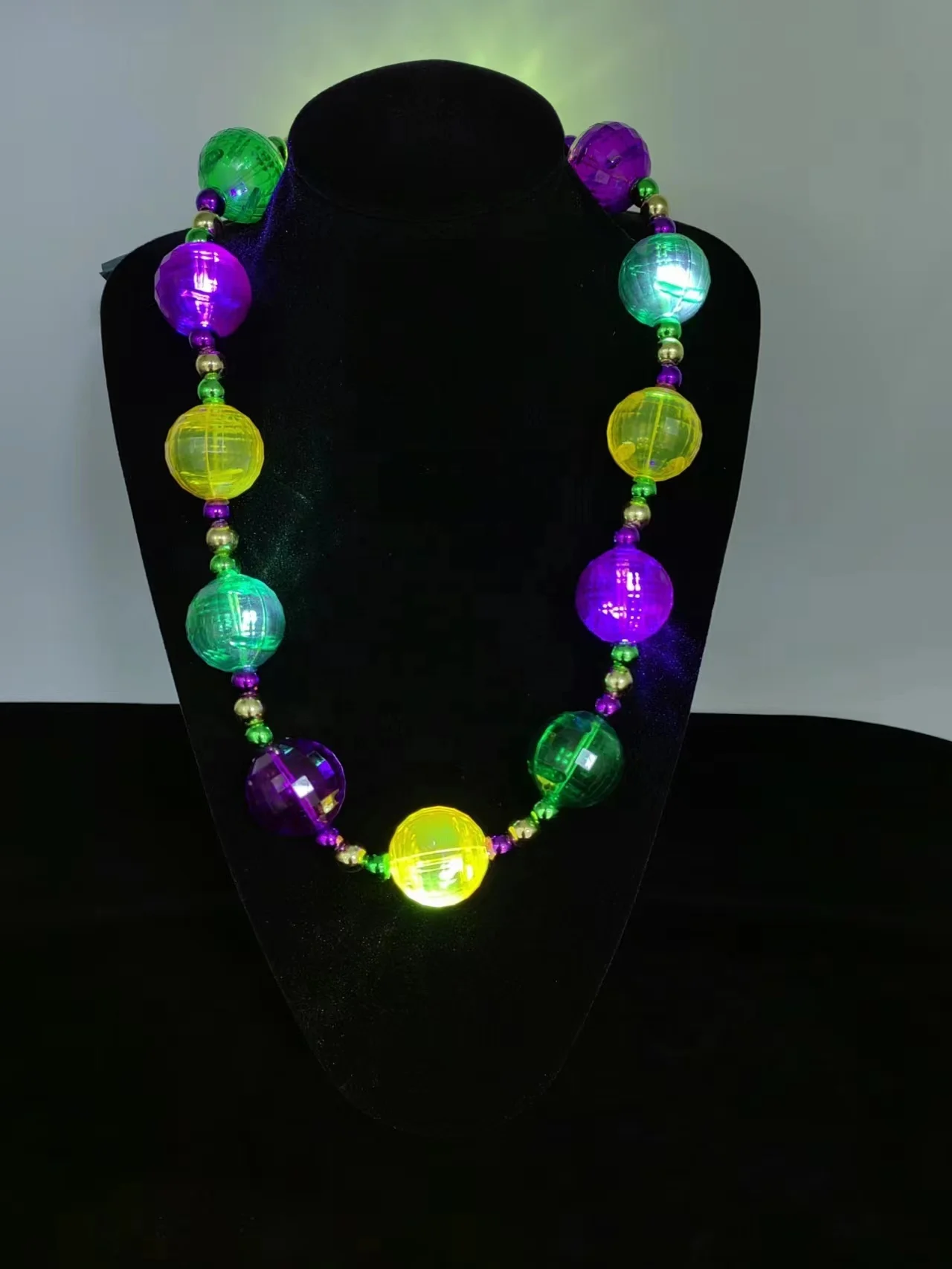 thumbnail image 2 of Flashing Mardi Gras Beaded Necklace | Purple, Green & Gold With LED Lights | 31-Inch Light Up Beads 2 of 12