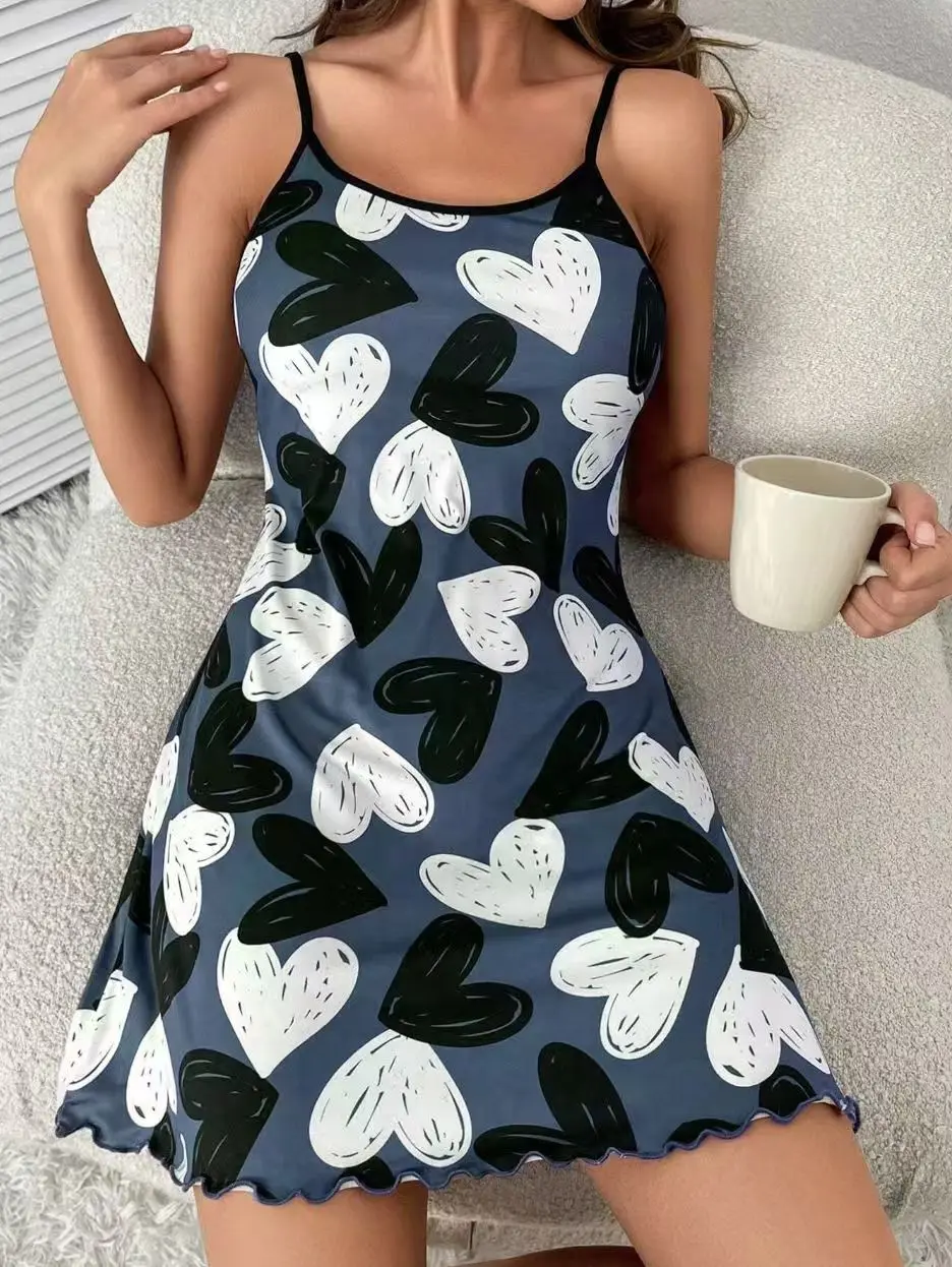 Women's European American Valentine's Day Loungewear Red Love Heart Print Camisole Nightdress Elastic Waist Wholesale